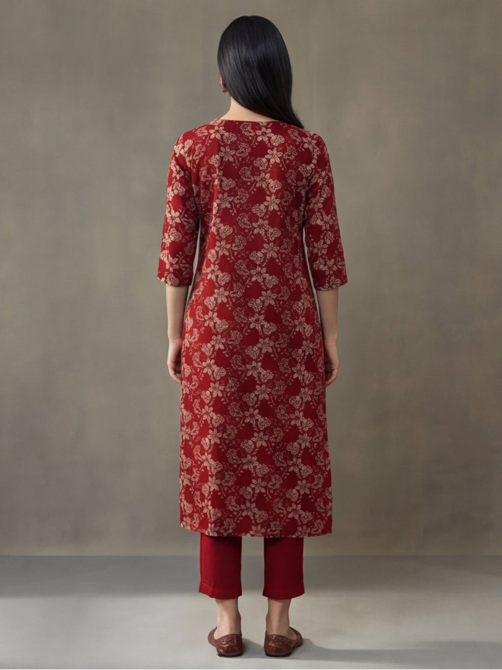 Jaipur Kurti Women's Floral Printed Straight Pure Cotton Kurta Red