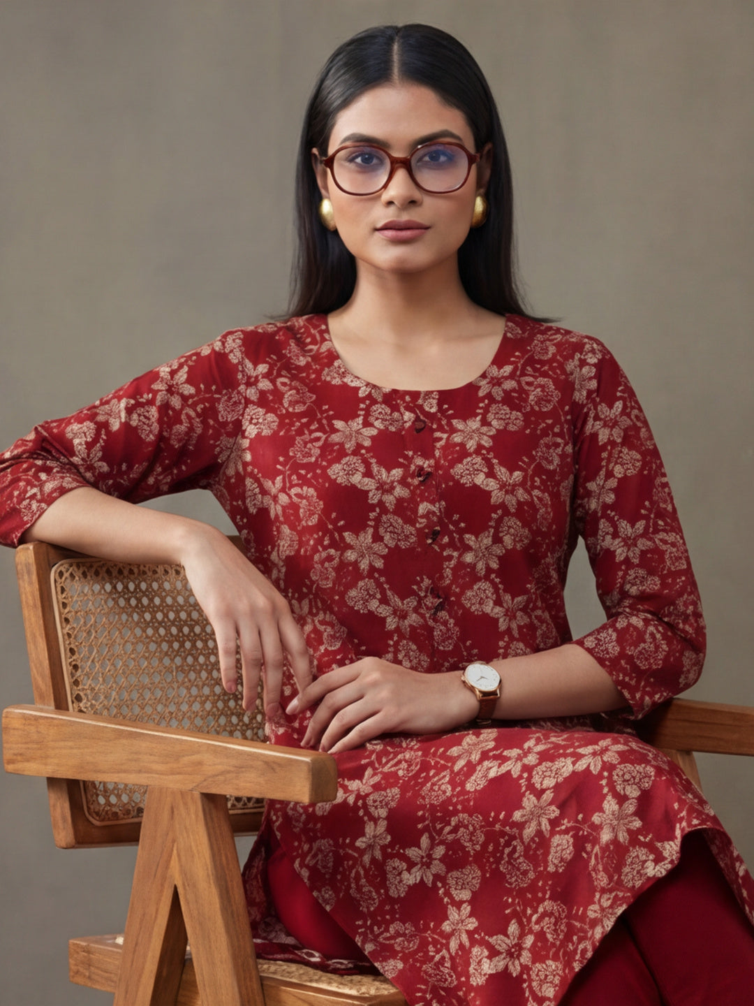 Jaipur Kurti Women's Floral Printed Straight Pure Cotton Kurta Red