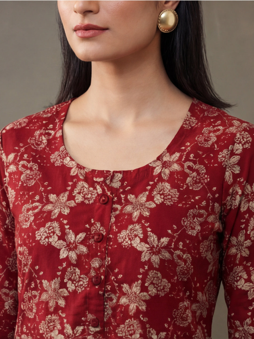 Jaipur Kurti Women's Floral Printed Straight Pure Cotton Kurta Red