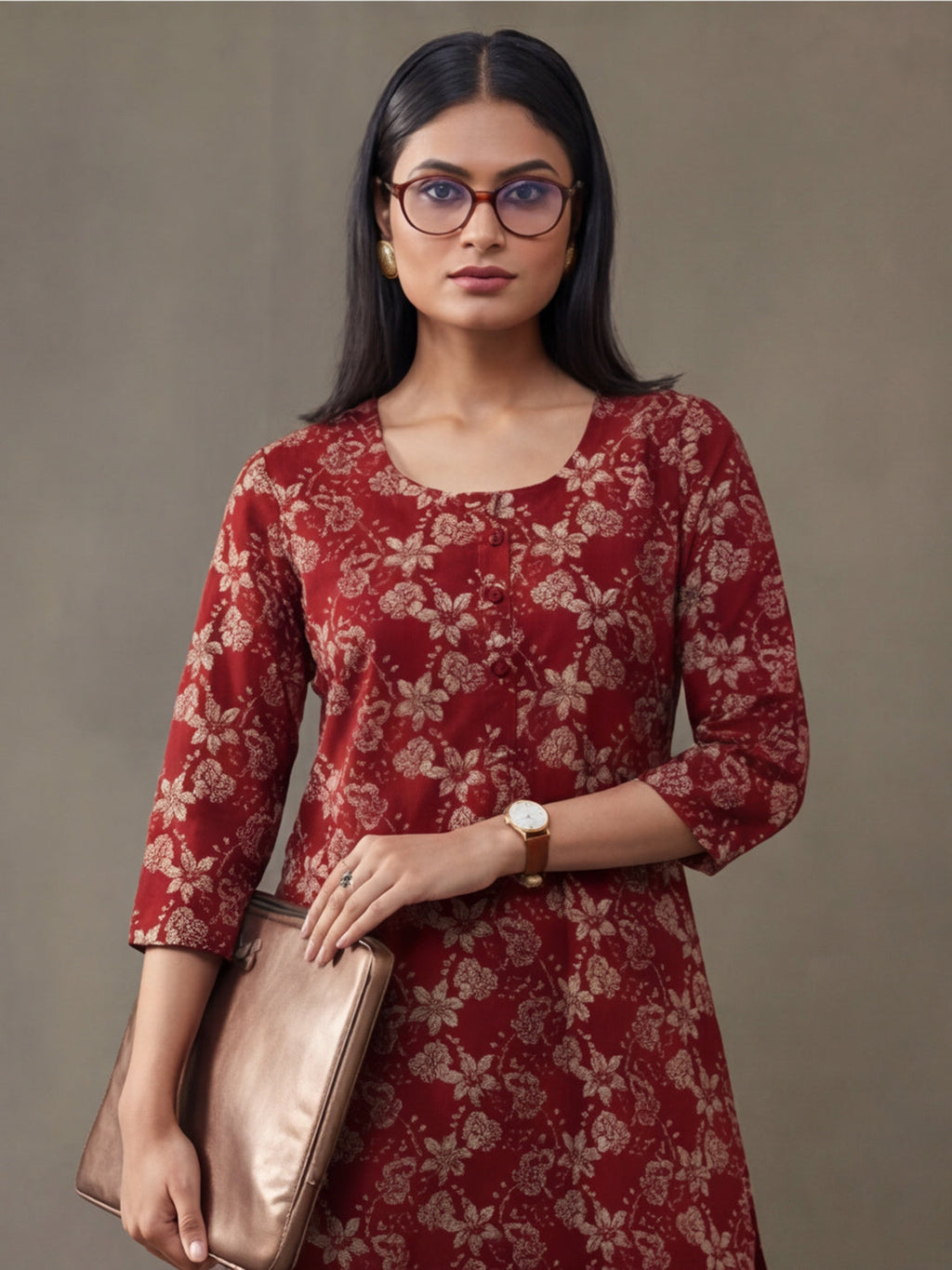 Jaipur Kurti Women's Floral Printed Straight Pure Cotton Kurta Red