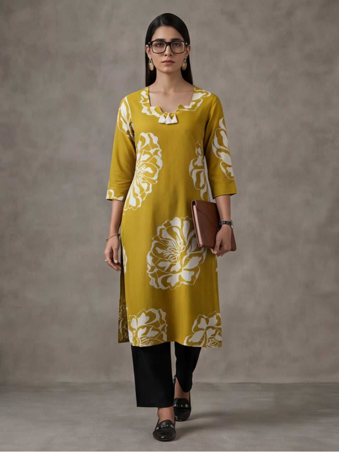Jaipur Kurti Women's Floral Embroidered Straight Kurta Cotton Yellow