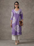 Jaipur Kurti Women's Floral Embroidered Straight Pure Cotton Kurta Purple