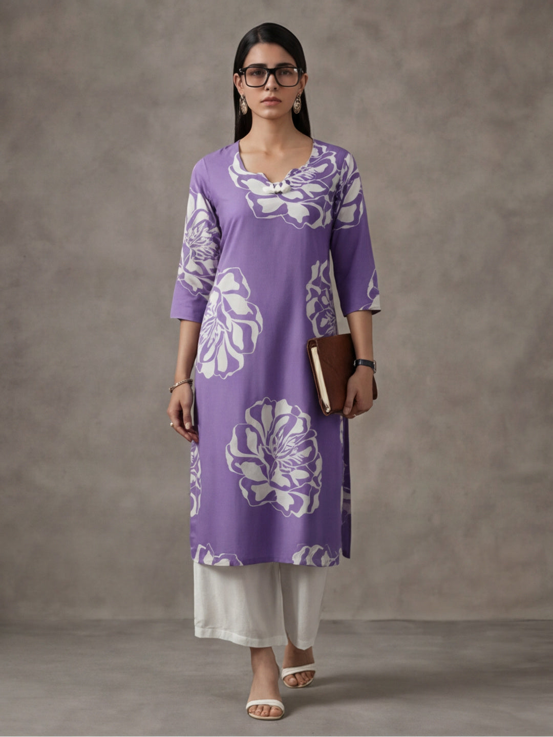 Jaipur Kurti Women's Floral Embroidered Straight Pure Cotton Kurta Purple