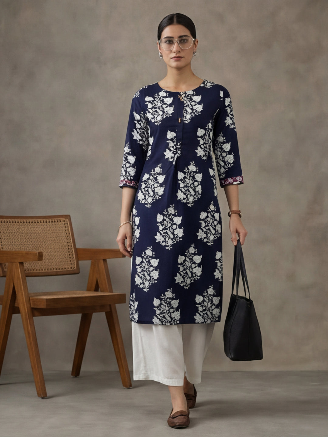 Jaipur Kurti Floral Printed Straight Kurta Viscose Rayon Navy Blue
