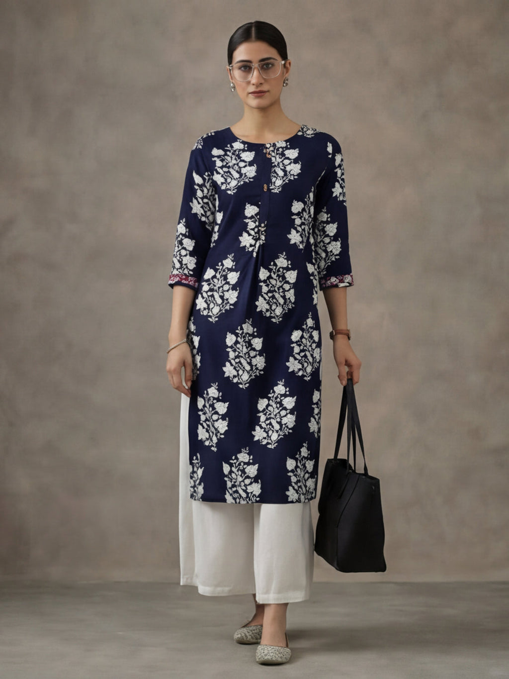 Jaipur Kurti Floral Printed Straight Kurta Viscose Rayon Navy Blue