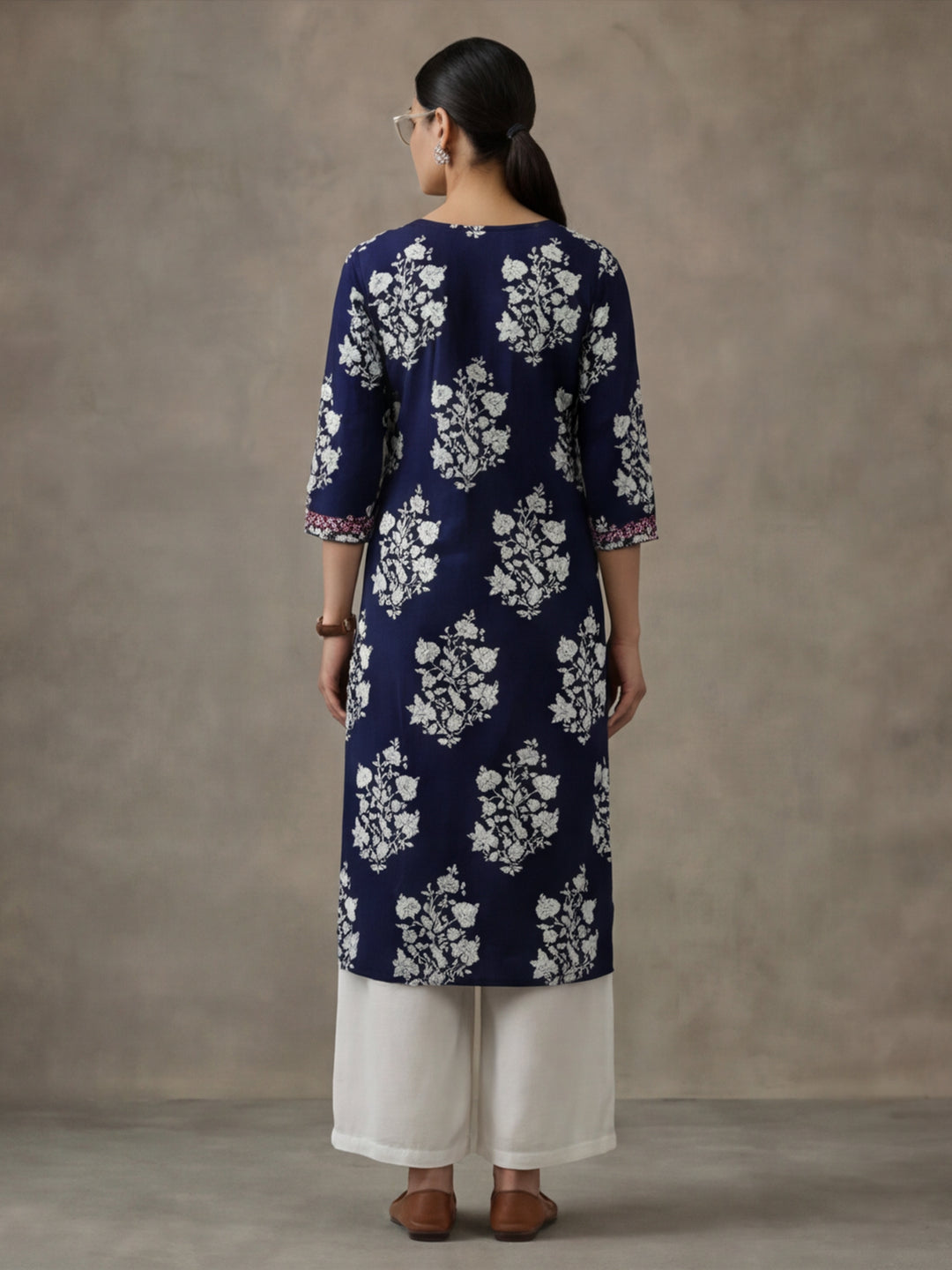 Jaipur Kurti Floral Printed Straight Kurta Viscose Rayon Navy Blue