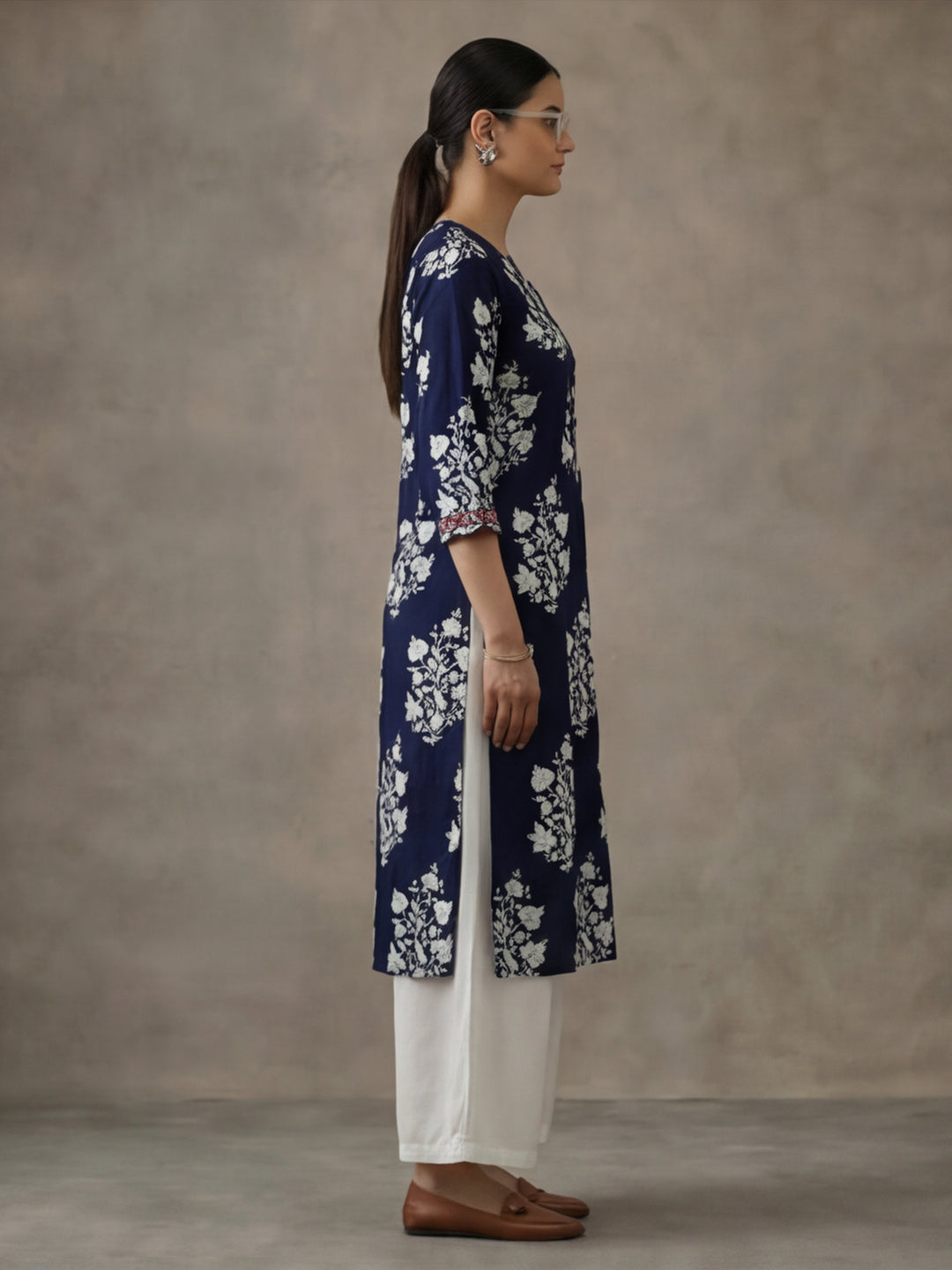 Jaipur Kurti Floral Printed Straight Kurta Viscose Rayon Navy Blue