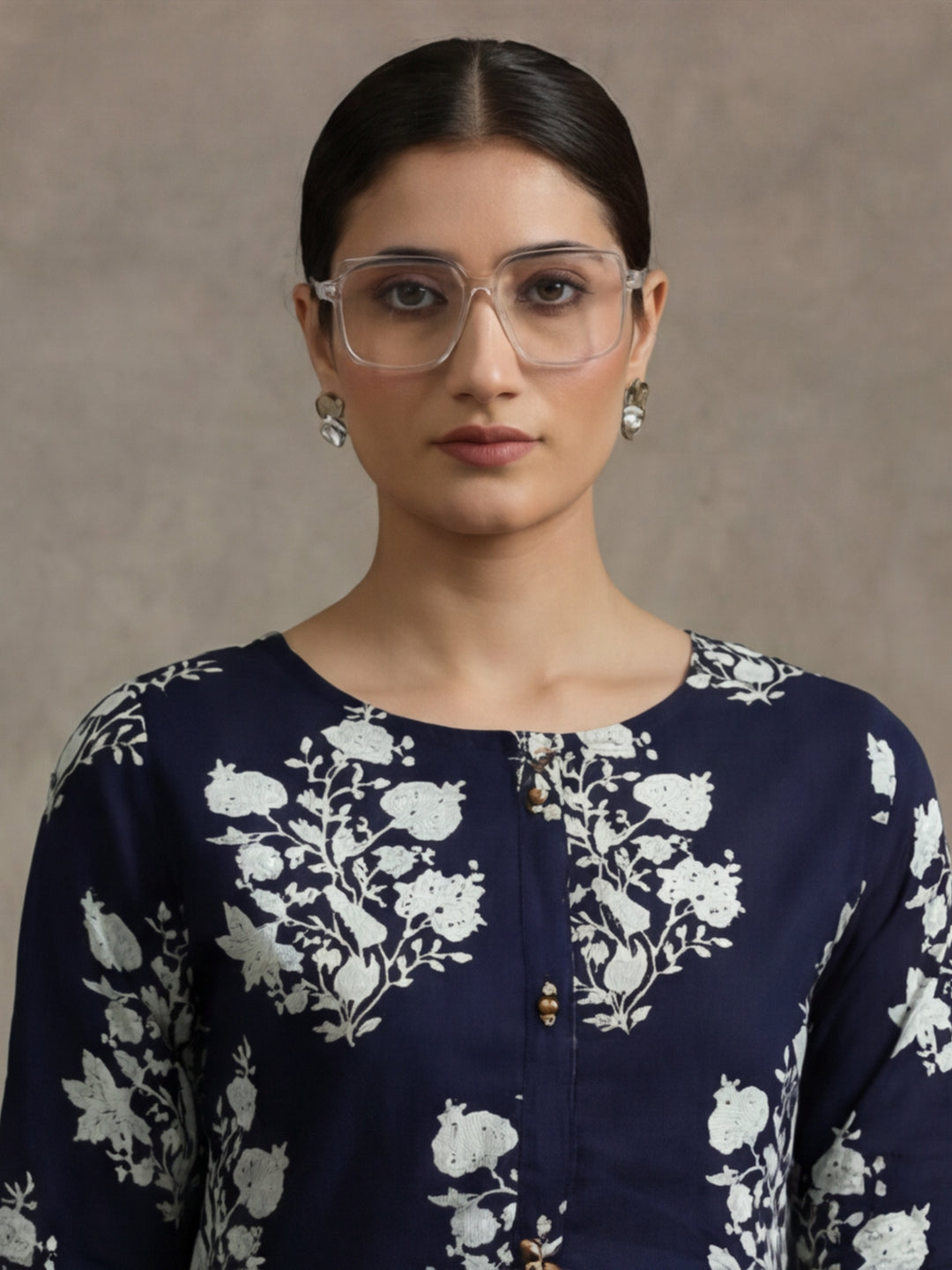 Jaipur Kurti Floral Printed Straight Kurta Viscose Rayon Navy Blue