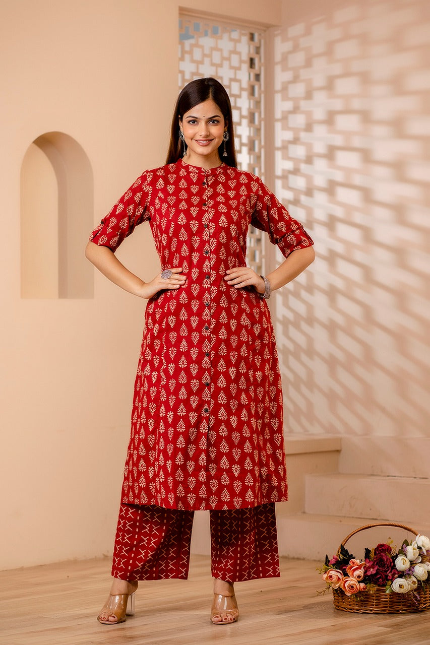 Crimson Pattern Cotton Suit Set