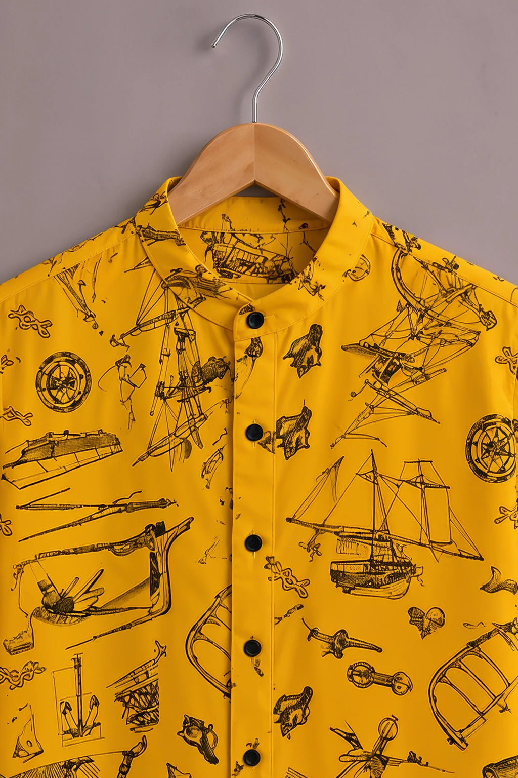 Men's Premium Yellow Vintage Nautical Print Mandarin Collar Shirt