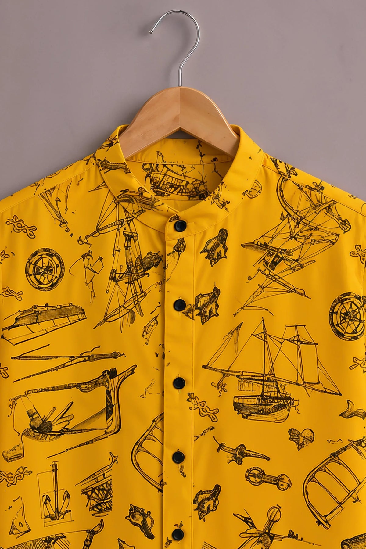 Men's Premium Yellow Vintage Nautical Print Mandarin Collar Shirt