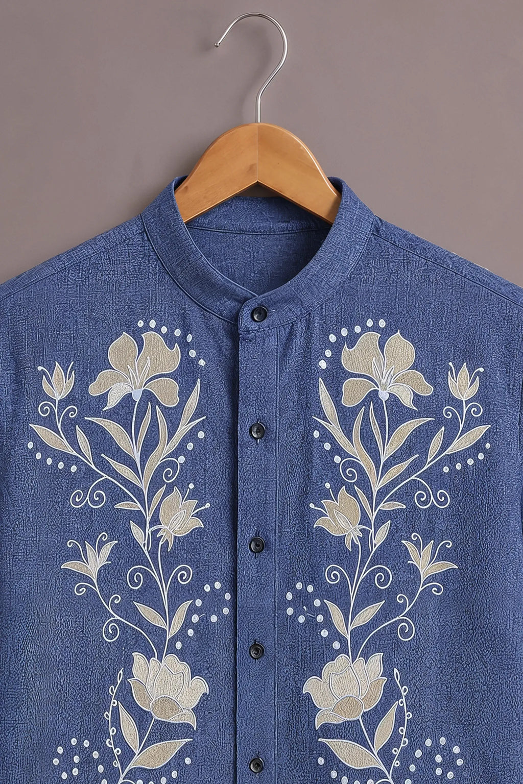 Men's Blue Floral Embroidered Mandarin Collar Shirt