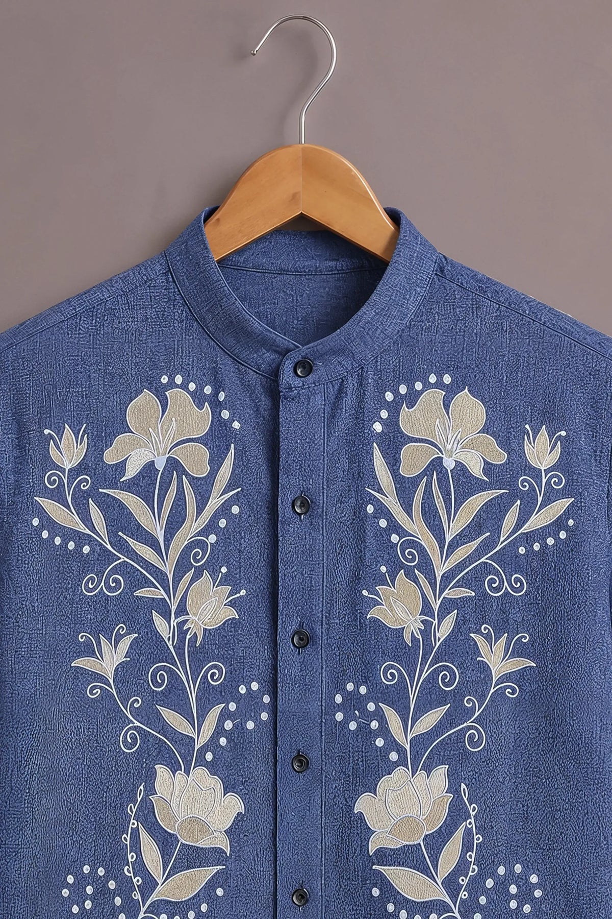 Men's Blue Floral Embroidered Mandarin Collar Shirt