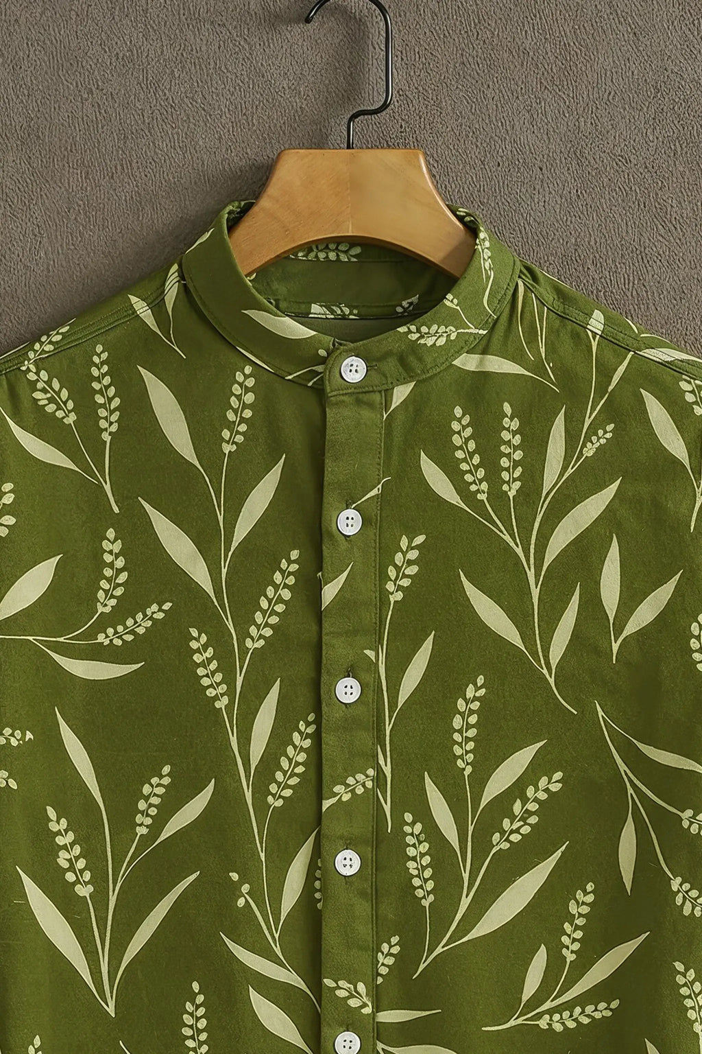 Men's Olive Green Botanical Leaf Print Mandarin Collar Shirt