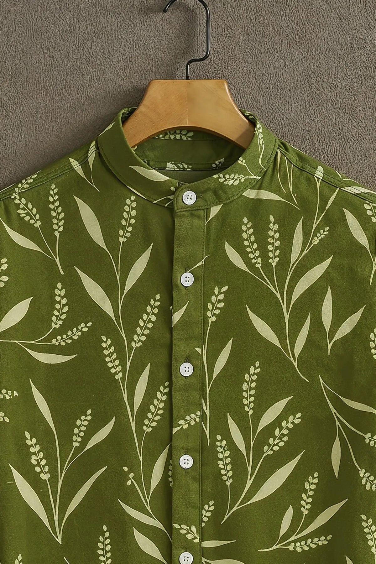 Men's Olive Green Botanical Leaf Print Mandarin Collar Shirt
