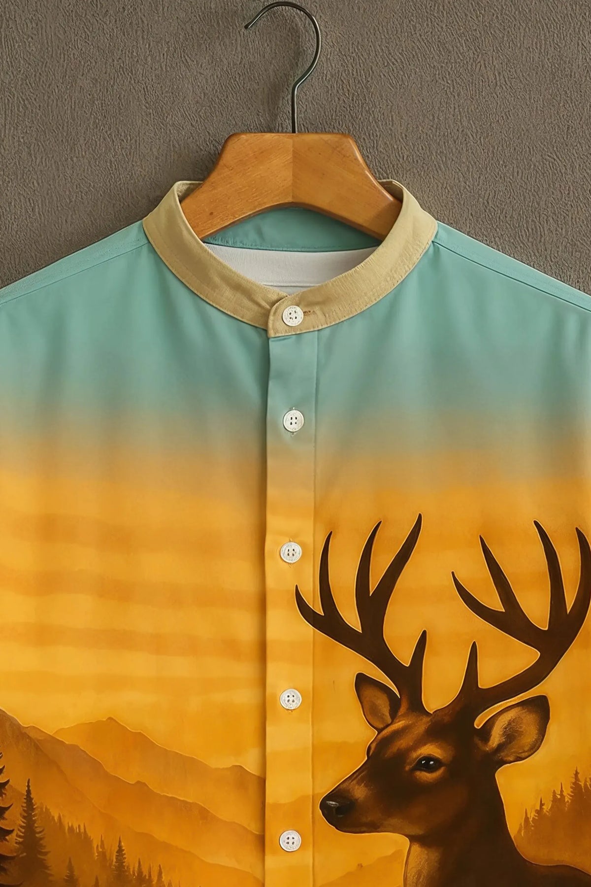 Men's Deer Forest Print Mandarin Collar Shirt Orange