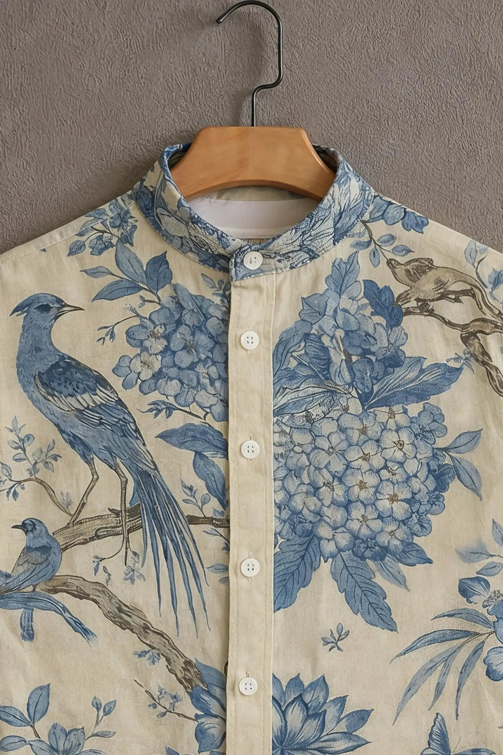 Men's Blue Floral Bird Print Mandarin Collar Shirt