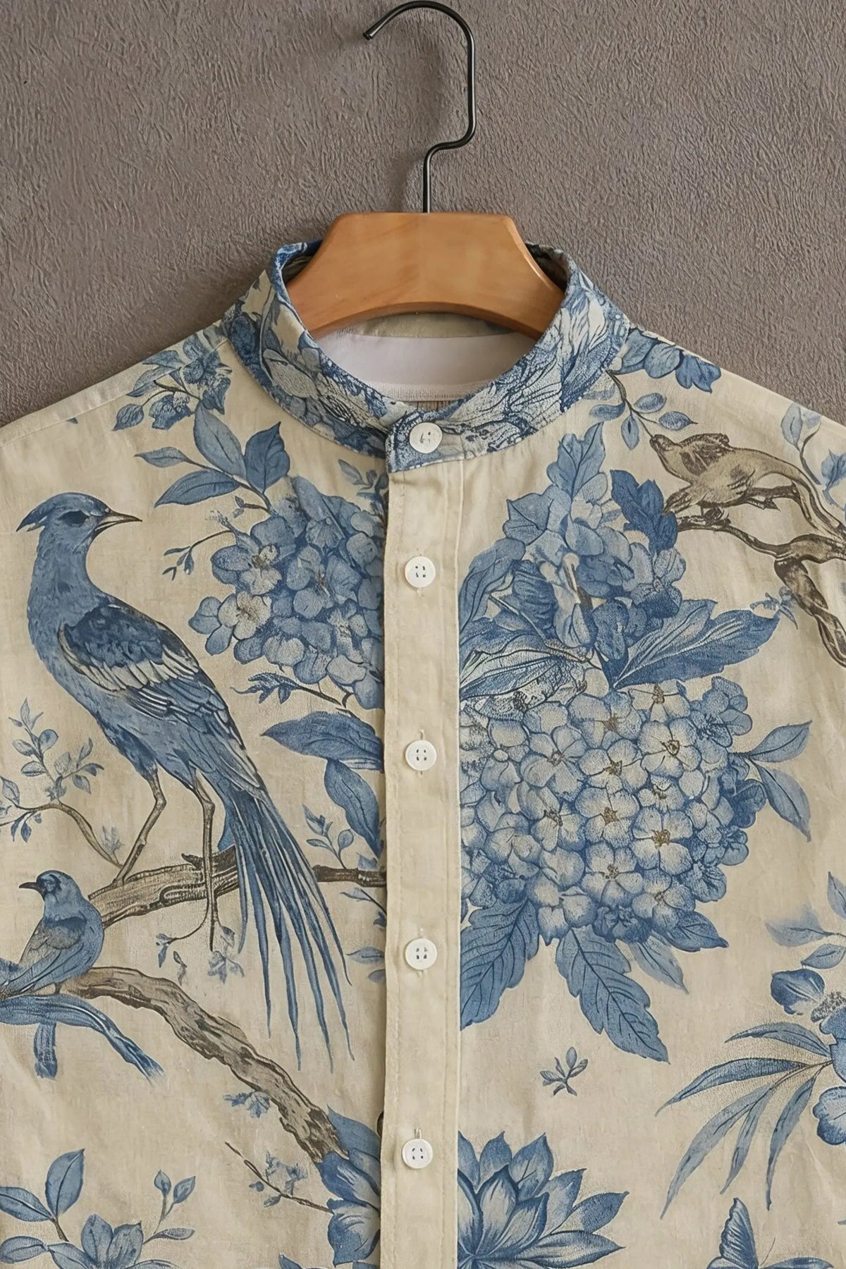 Men's Blue Floral Bird Print Mandarin Collar Shirt