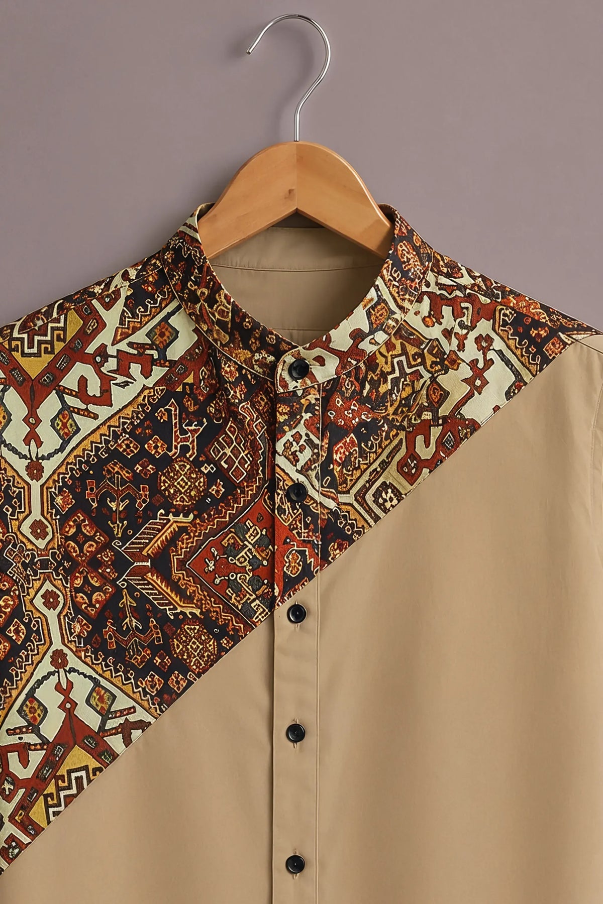 Men's Beige Geometric Ethnic Print Mandarin Collar Shirt