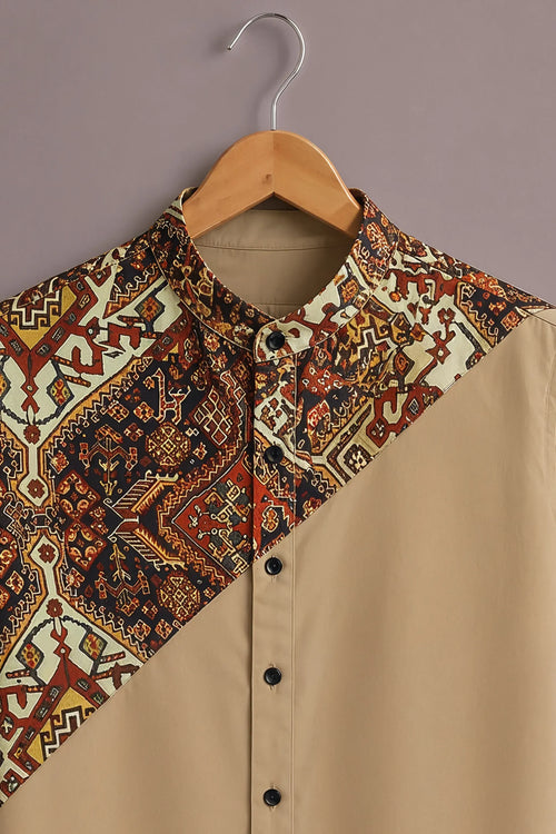 Men's Beige Geometric Ethnic Print Mandarin Collar Shirt