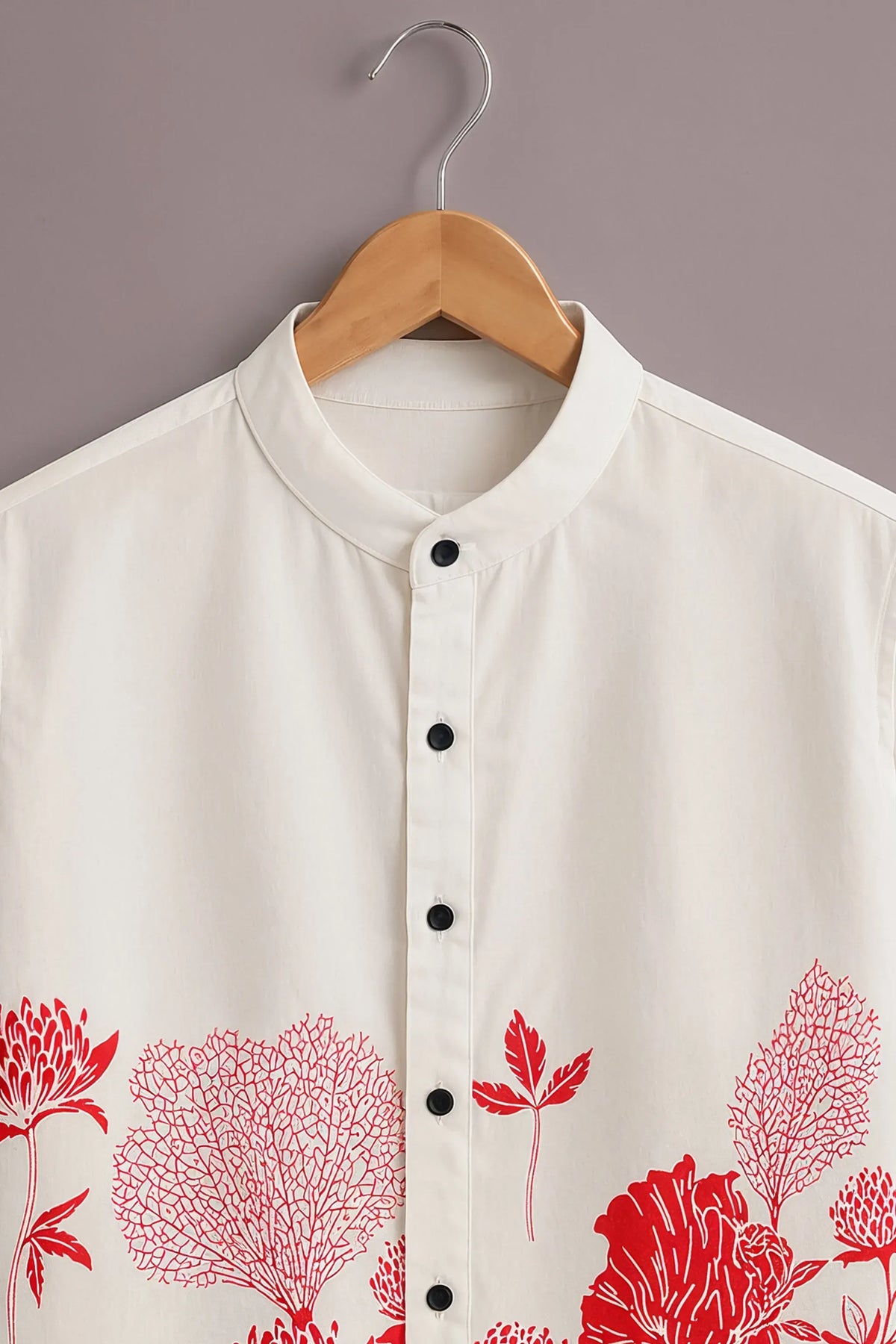 Men's Floral Mandarin Collar Shirt White Red