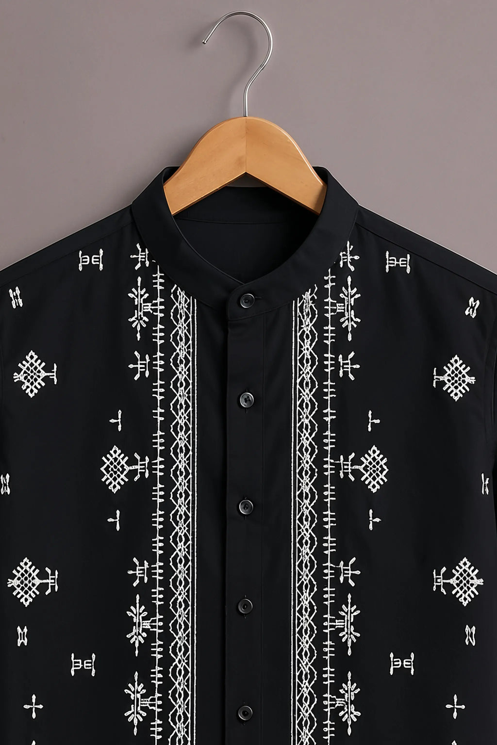 Men's Premium Black Ethnic Embroidered Mandarin Collar Shirt