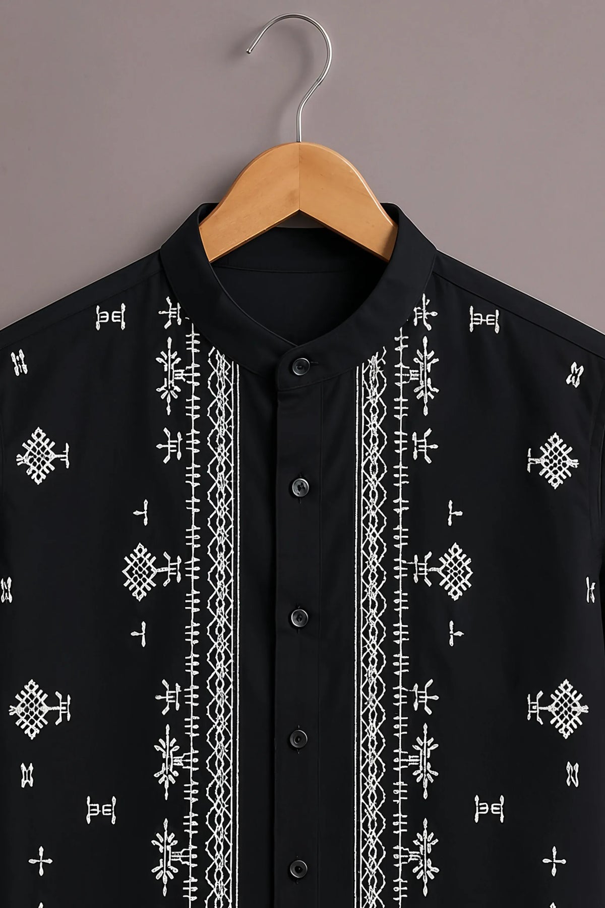 Men's Premium Black Ethnic Embroidered Mandarin Collar Shirt