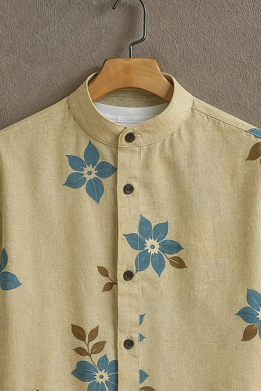 Men's Blue Floral Print Mandarin Collar Shirt