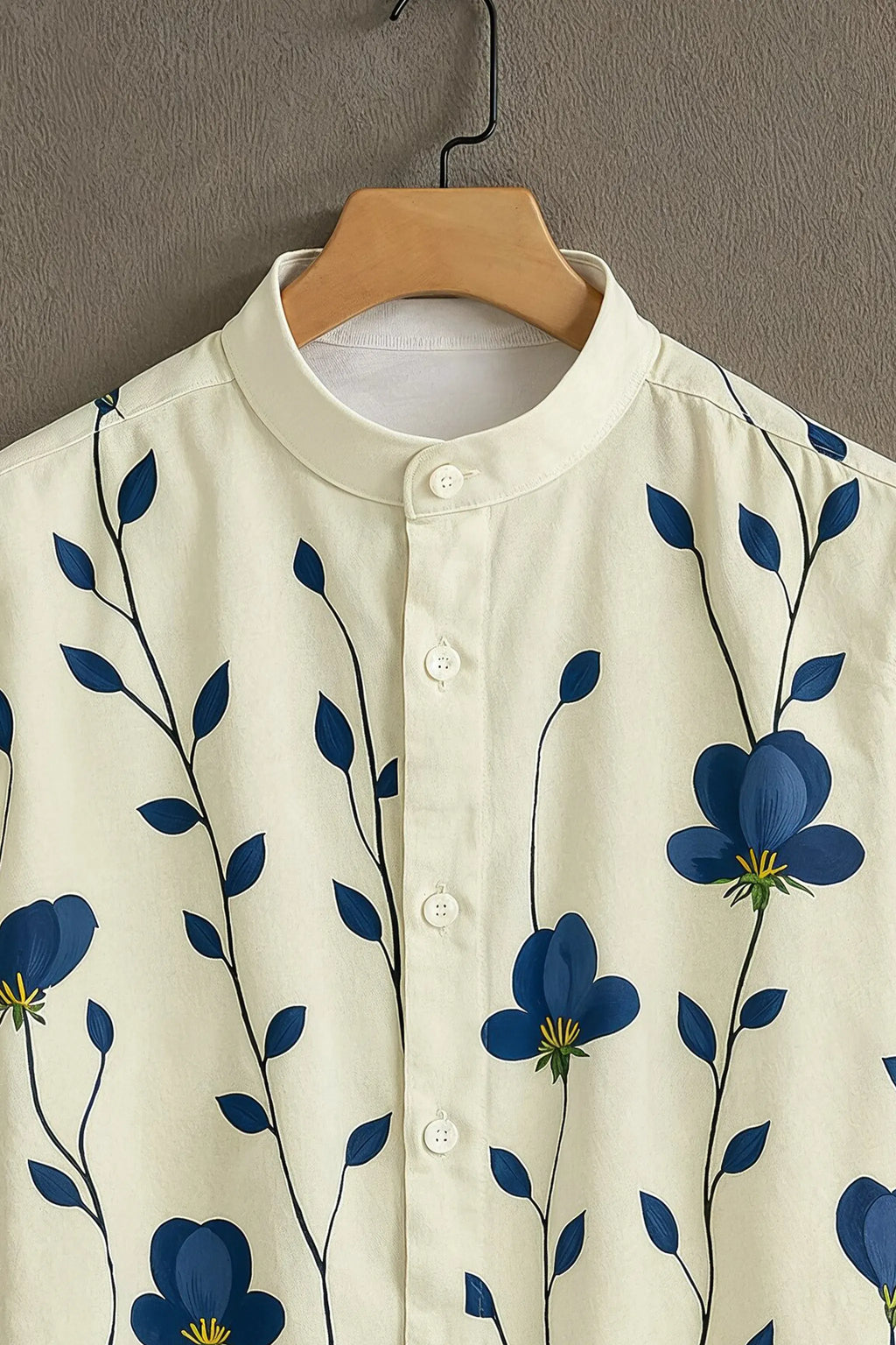 Men's Floral Vine Print Mandarin Collar Cream Blue