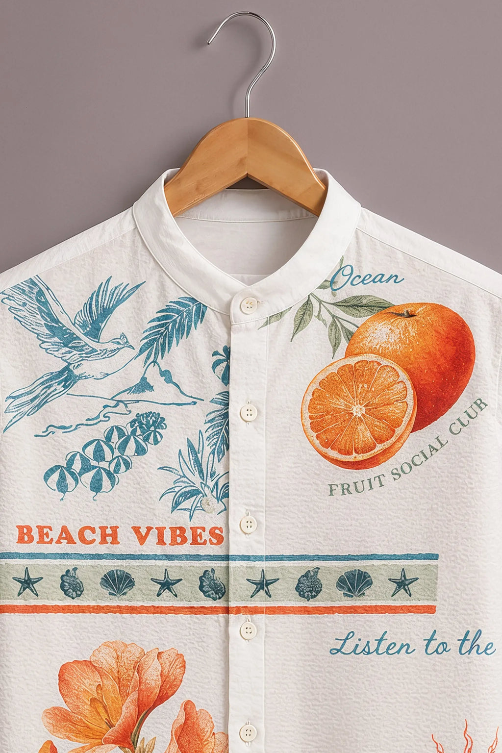 Men's Tropical Beach Vibes Printed Mandarin Collar Shirt