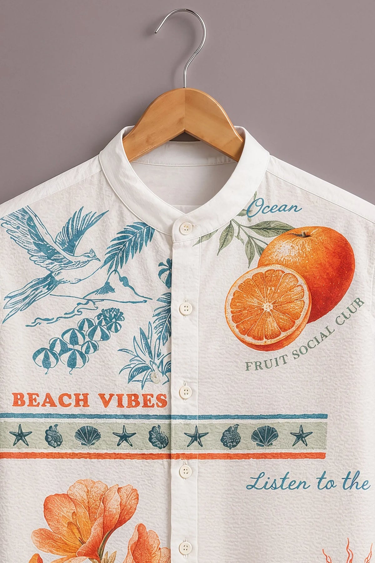 Men's Tropical Beach Vibes Printed Mandarin Collar Shirt
