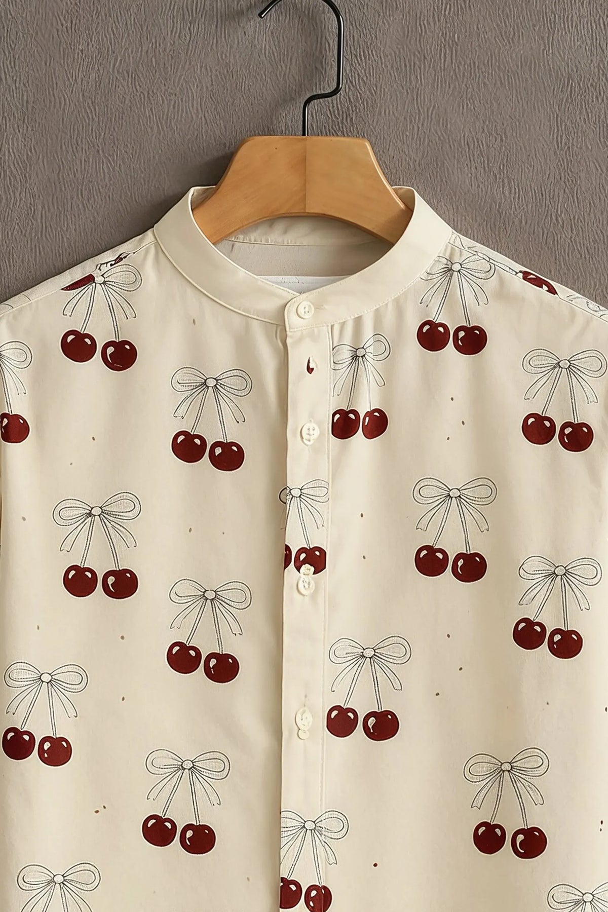 Men's Cream Cherry Bow Print Mandarin Collar Shirt