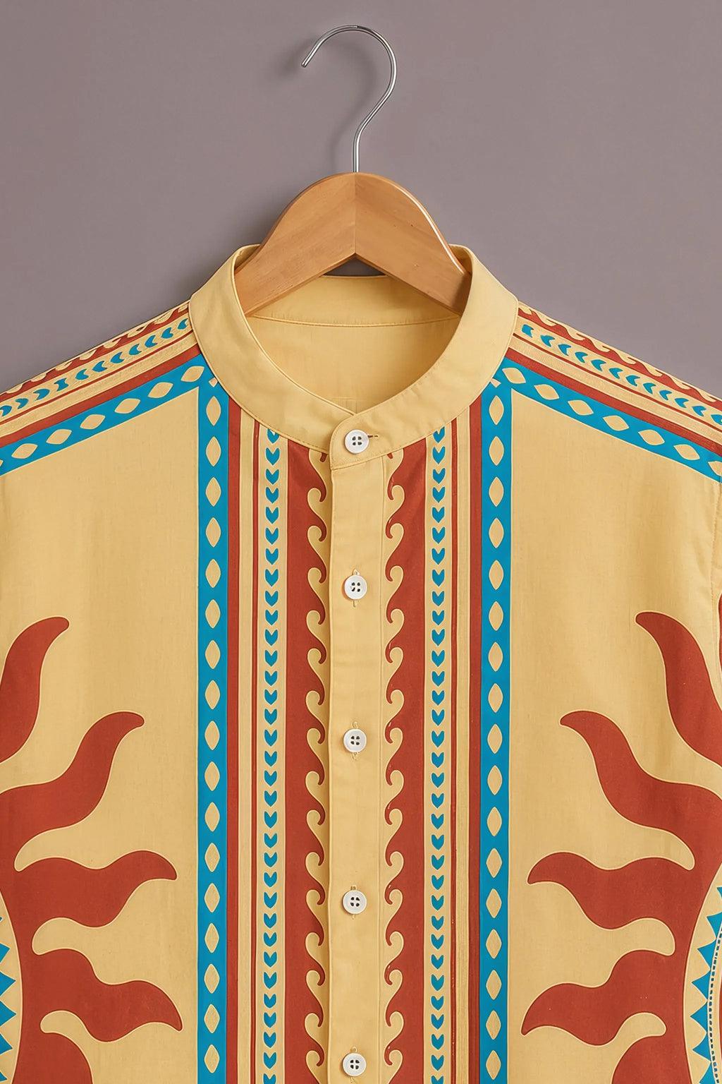 Men's Yellow Ethnic Print Mandarin Collar Shirt