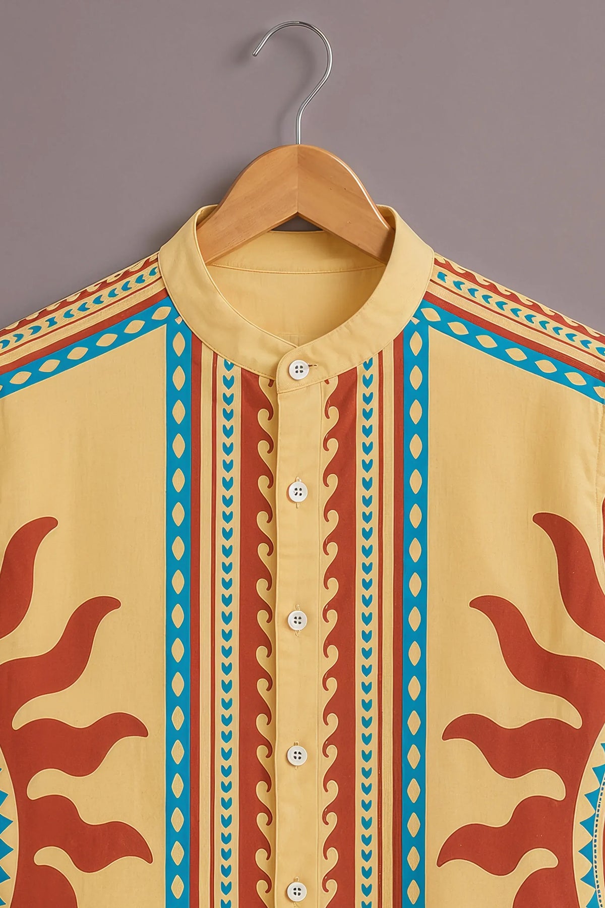 Men's Yellow Ethnic Print Mandarin Collar Shirt