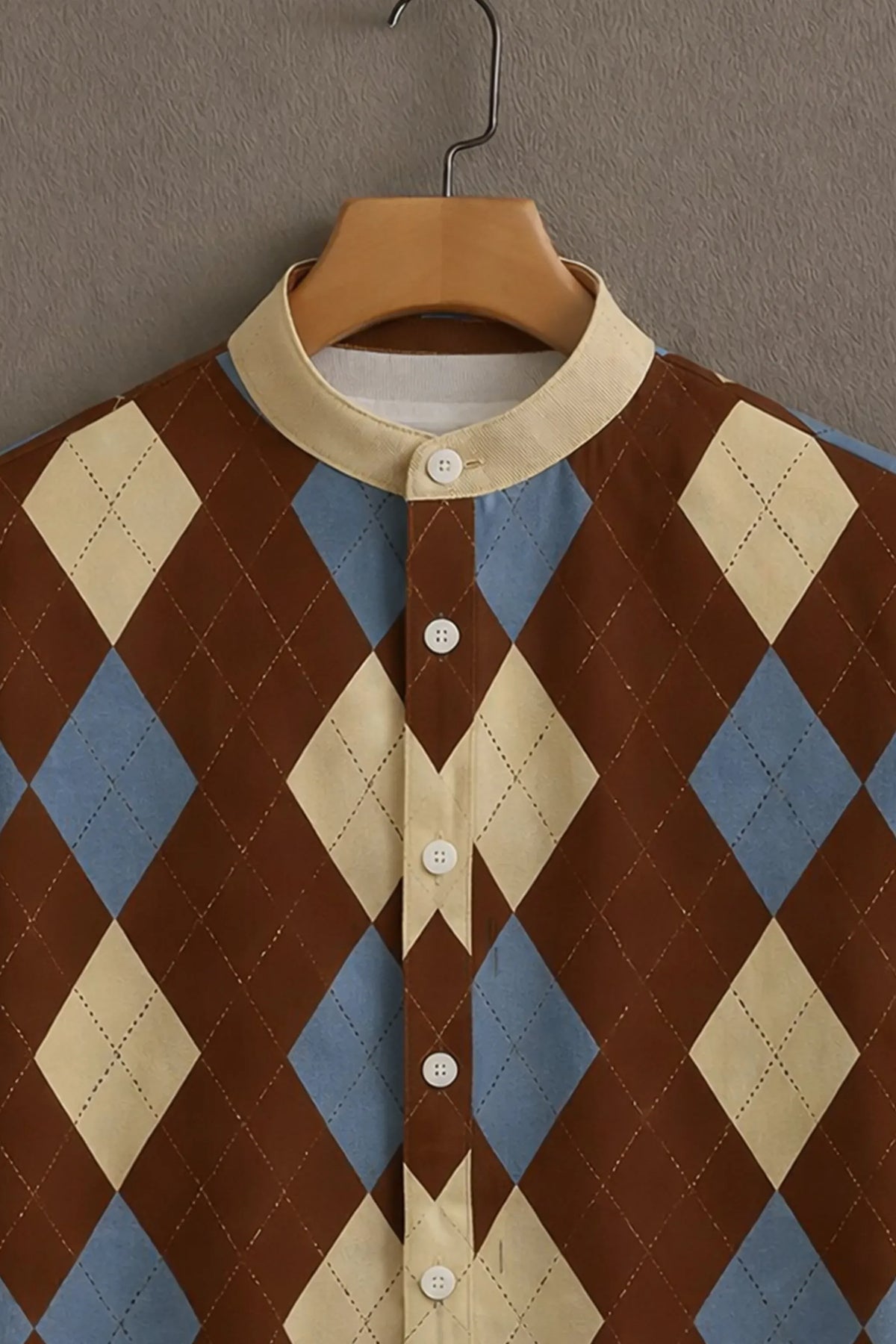 Men's Brown Blue Argyle Mandarin Collar Shirt