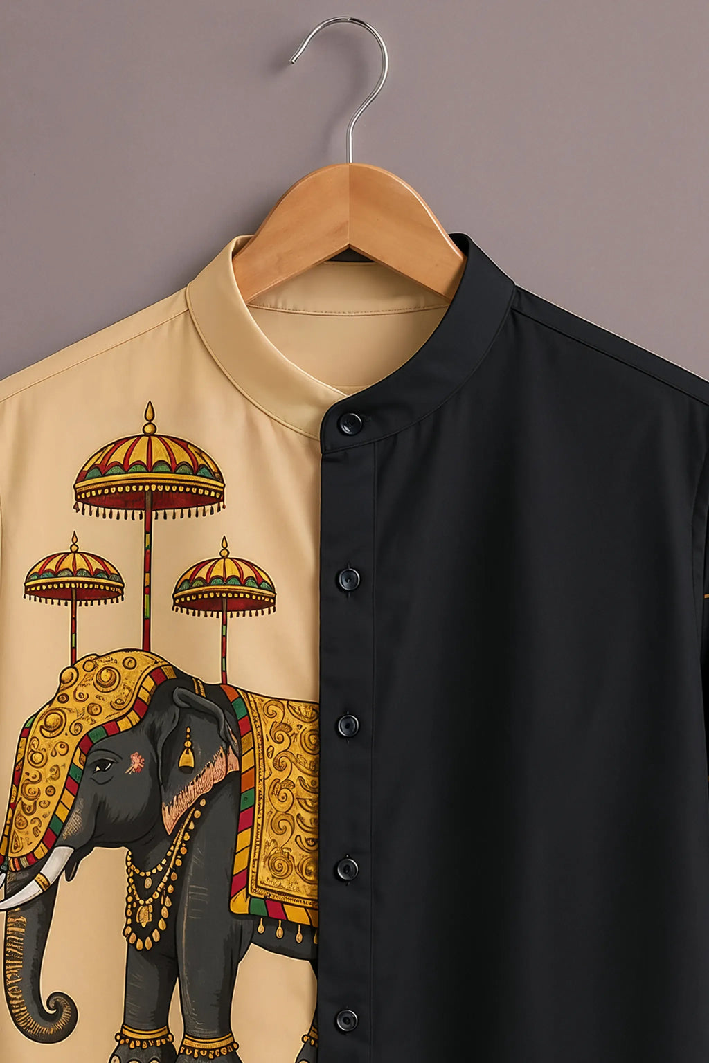 Men's Elephant Print Mandarin Collar Shirt Black Beige