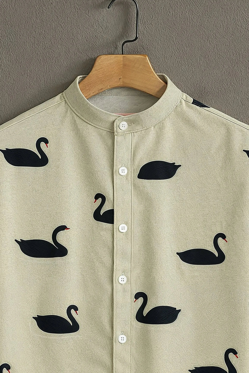 Men's Cream Black Swan Print Mandarin Collar Shirt