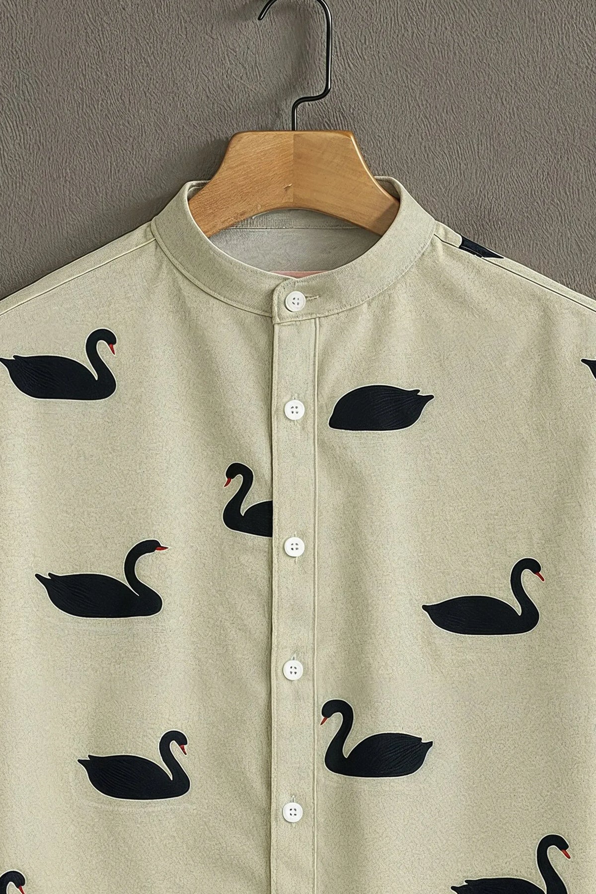Men's Cream Black Swan Print Mandarin Collar Shirt