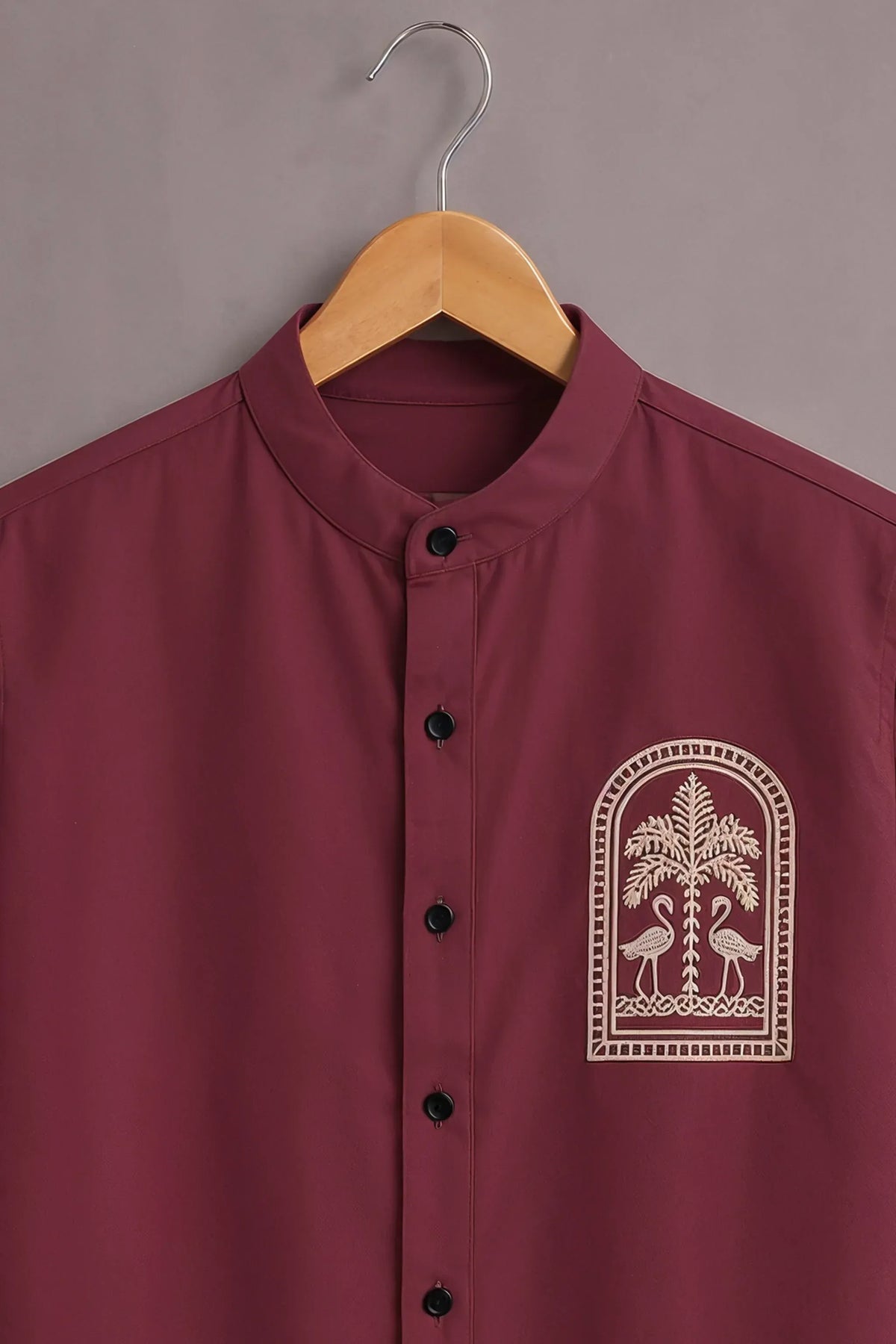 Men's Palm Tree Embroidered Mandarin Collar Shirt