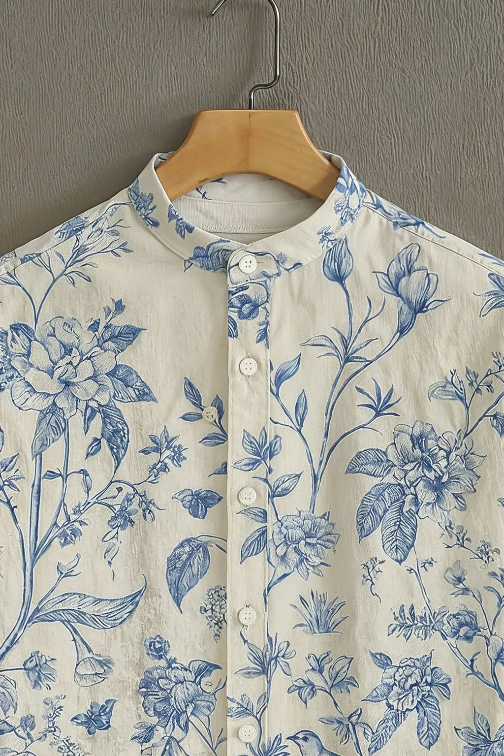 Men's Blue Floral Garden Print Mandarin Collar Shirt