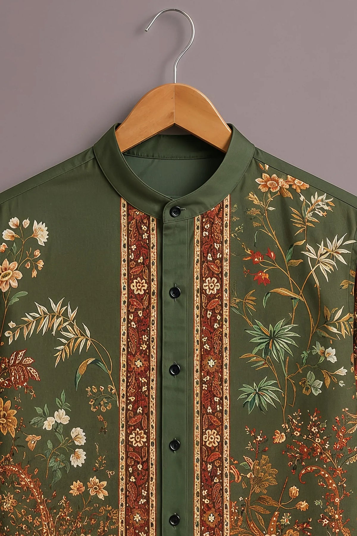 Men's Olive Green Floral Paisley Mandarin Collar Shirt