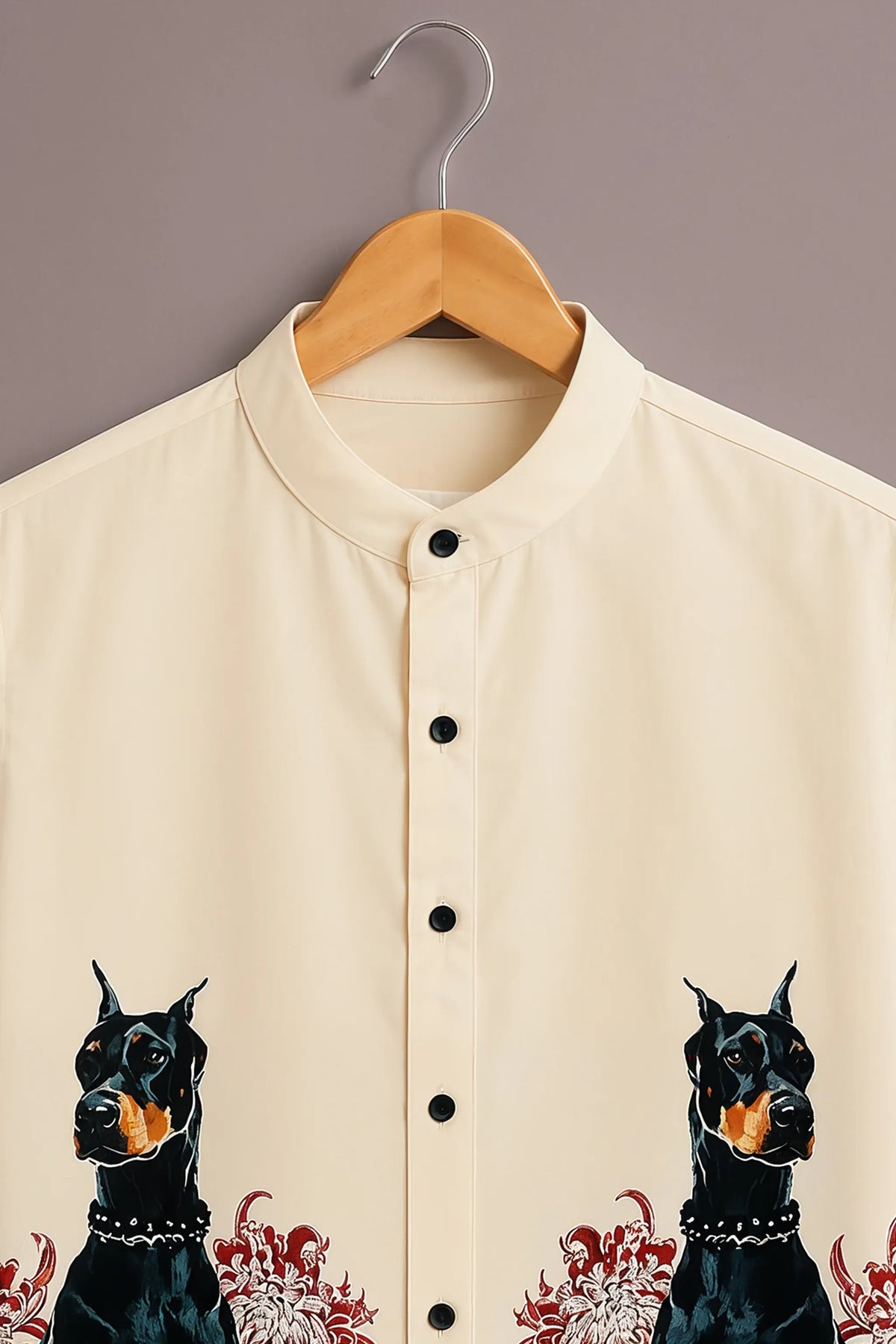 Men's Premium Cream Doberman Floral Print Mandarin Collar Shirt