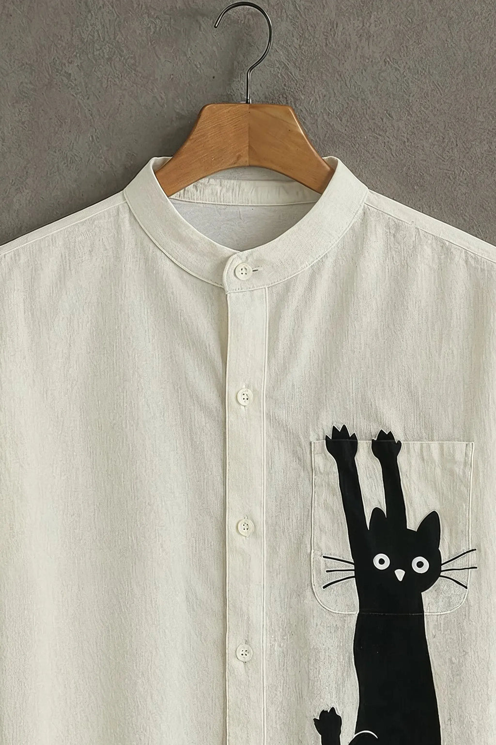 Men's Black Cat Graphic Mandarin Collar Shirt Beige