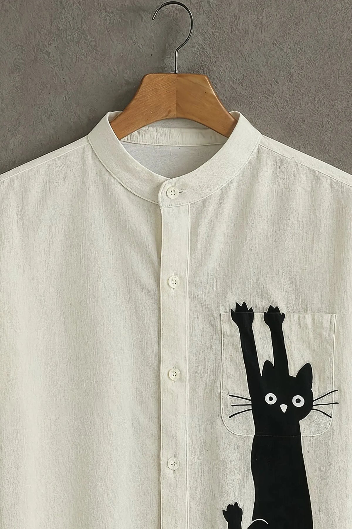 Men's Black Cat Graphic Mandarin Collar Shirt Beige