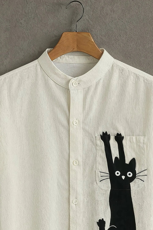 Men's Black Cat Graphic Mandarin Collar Shirt Beige