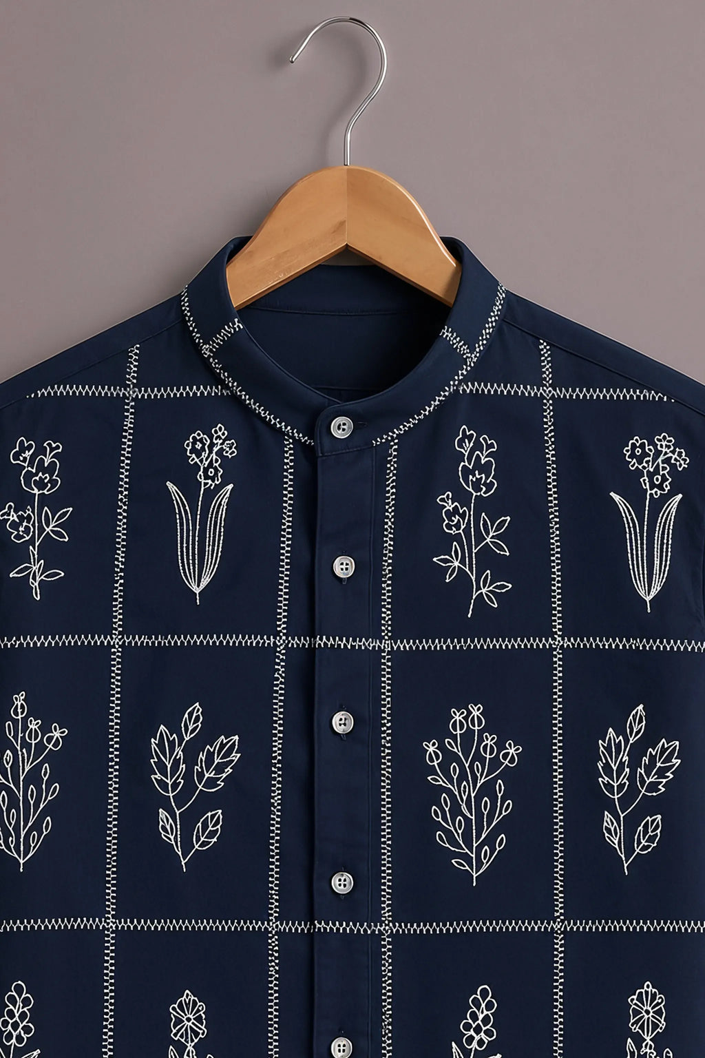 Men's Navy Blue Floral Grid Mandarin Collar Shirt
