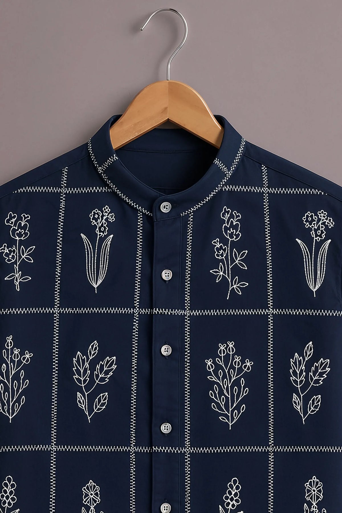 Men's Navy Blue Floral Grid Mandarin Collar Shirt