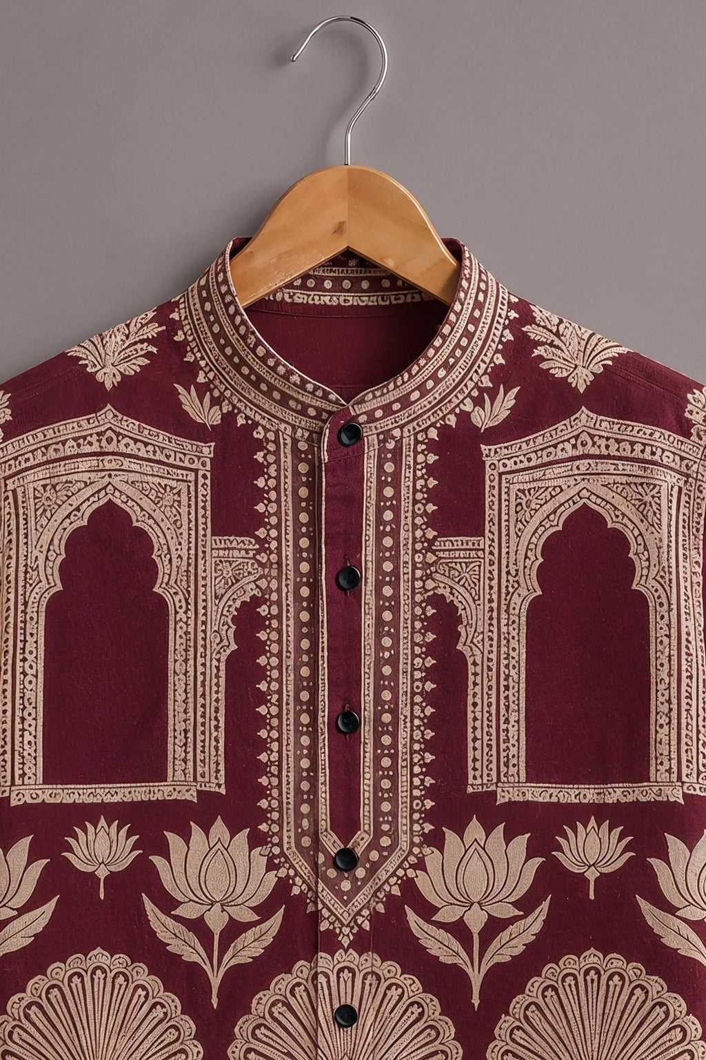 Men's Premium Maroon Heritage Print Mandarin Collar Shirt