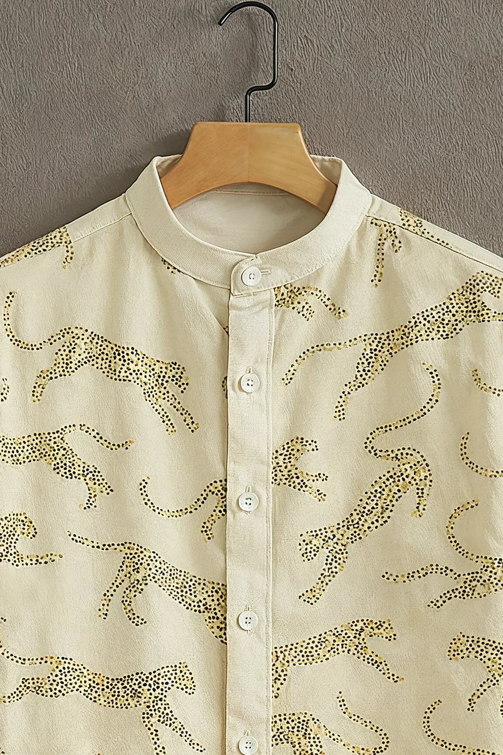 Men's Cream Leopard Print Mandarin Collar Shirt