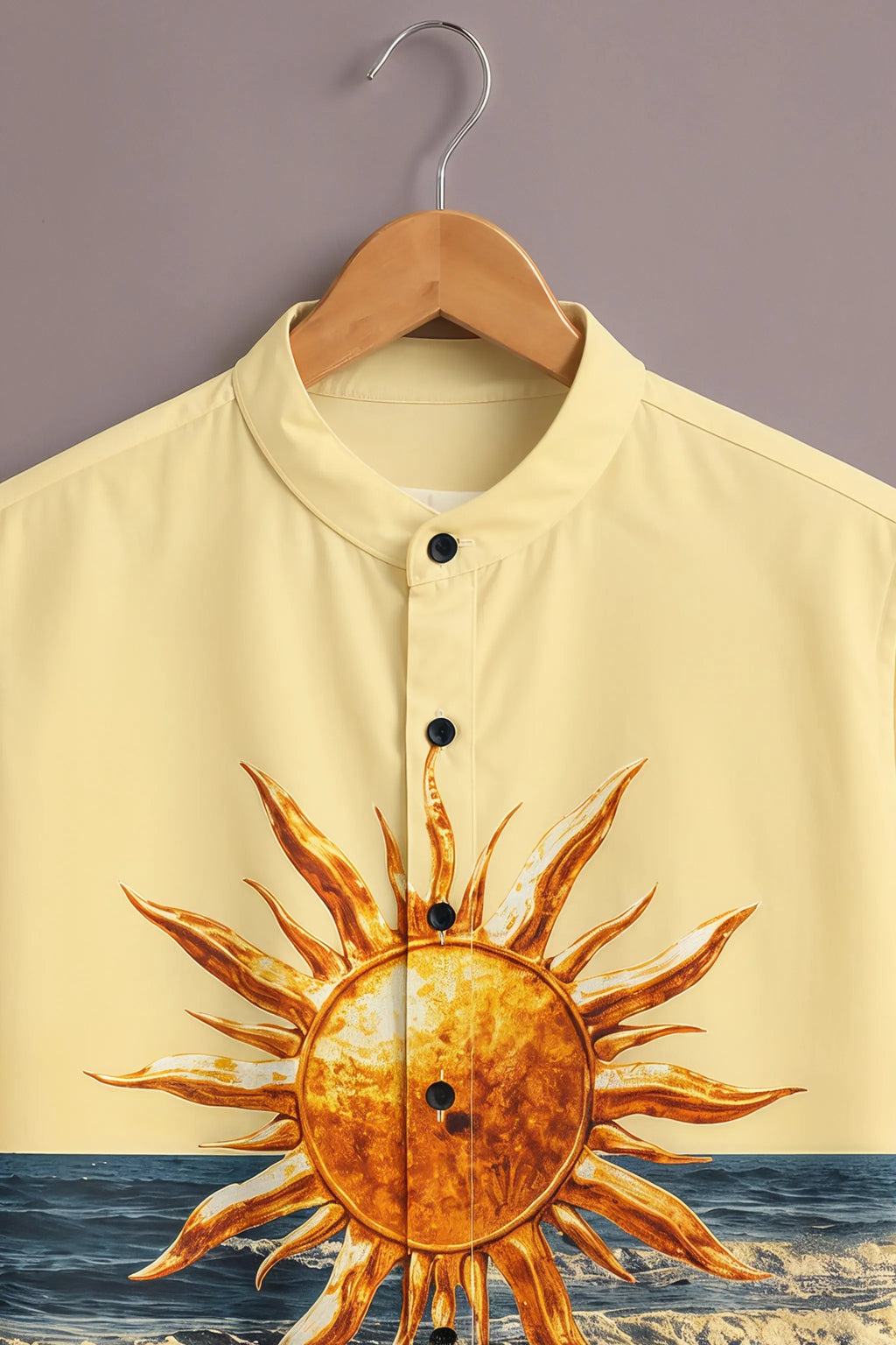 Men's Premium Sun & Ocean Print Mandarin Collar Shirt